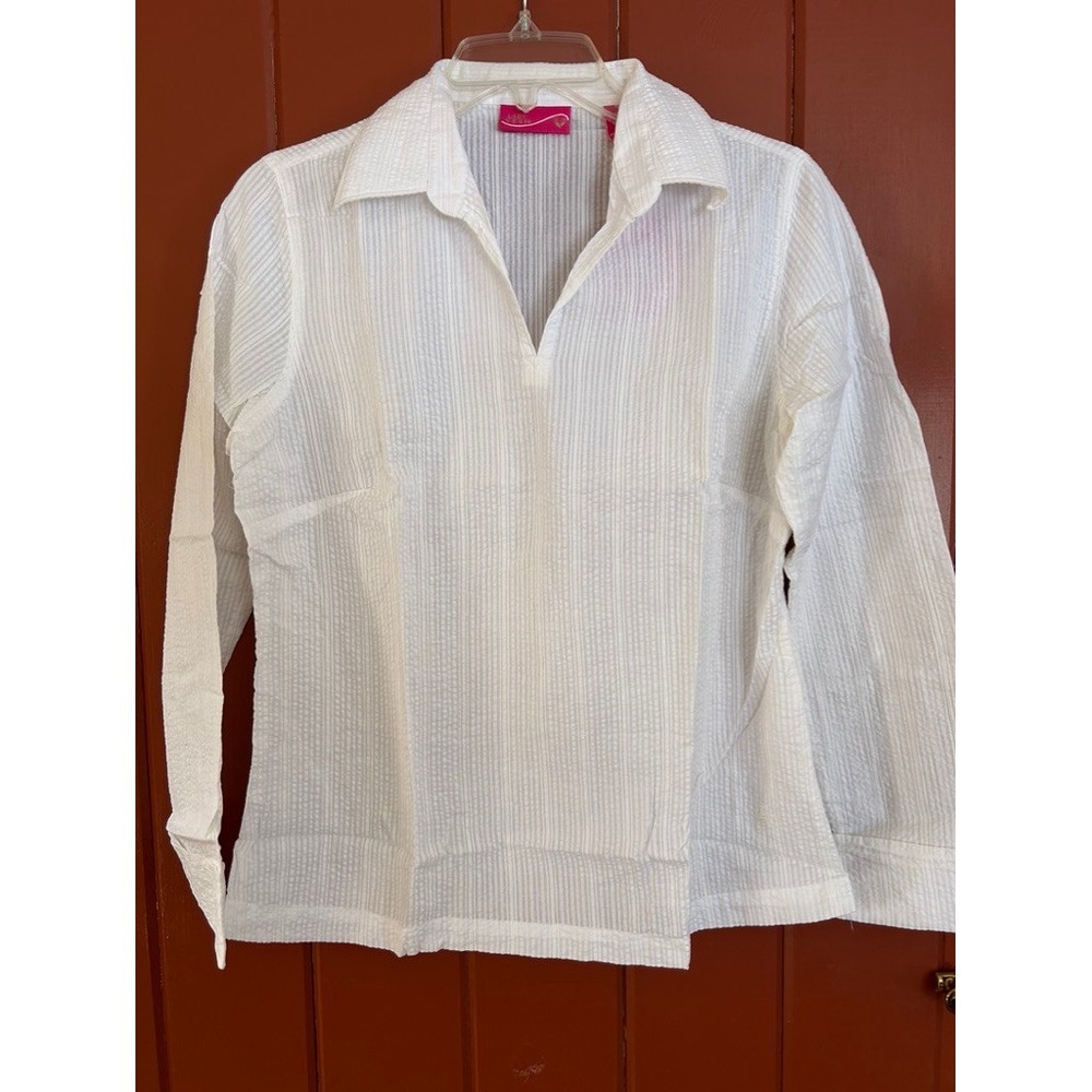 Lady Vesi White Seersucker Cotton Tunic Blouse Split Neck Long Sleeve Womens M